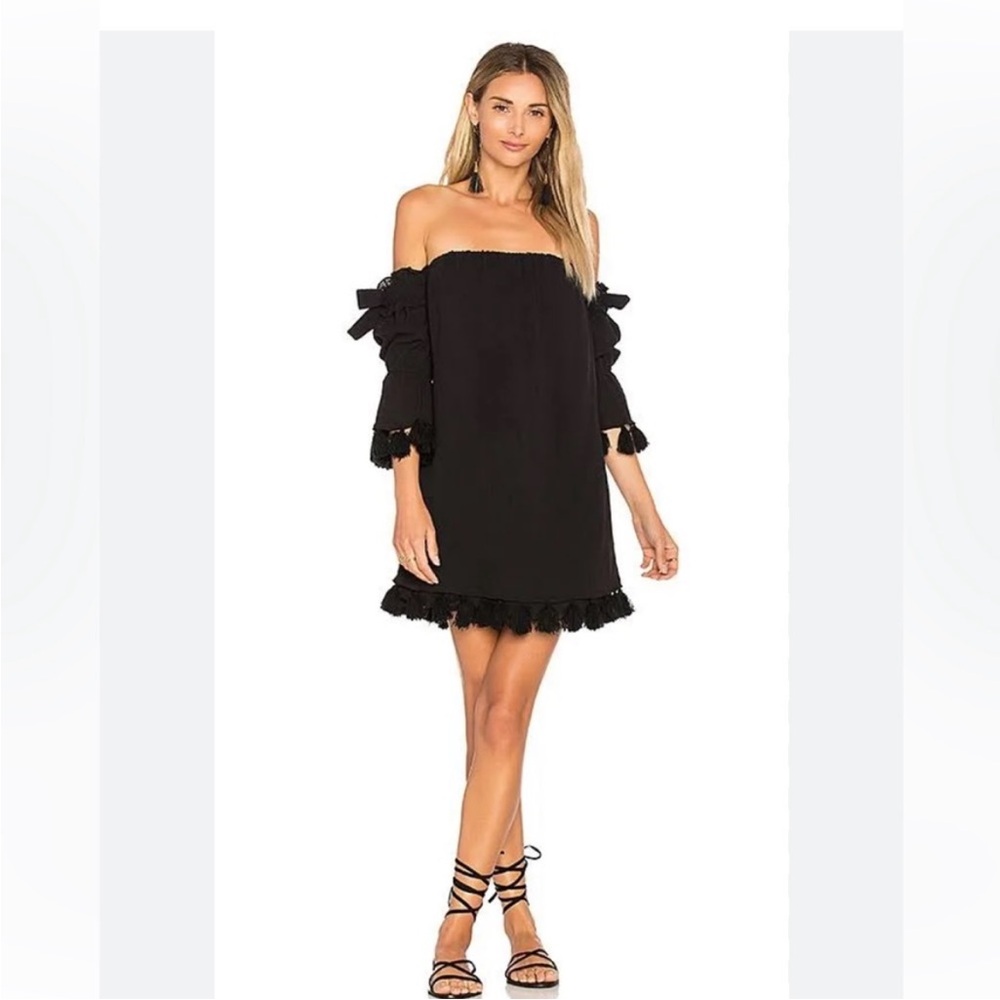 LAST CHANCE | MISA Los Angeles Helena black off the shoulder tassel dress